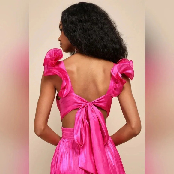 Lulus Pristine Glow Magenta Pink Ruffled Tie-Back Maxi Dress Wedding Party Prom - Picture 5 of 12